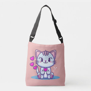Niedliche Katze Kitten mit Herz Valentine Inspirie Tragetaschen Mit Langen Trägern