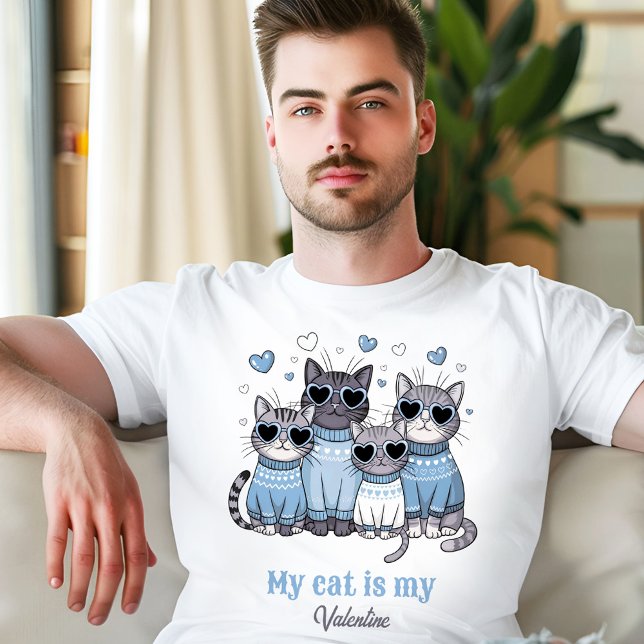 Niedliche Katze Kitty Valentine Blue Individuelle  T-Shirt (Cute Cat Kitty Valentine Blue Men's Custom Name T-Shirt)