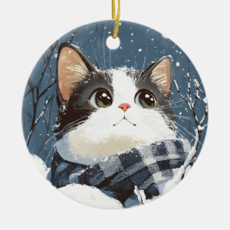 Niedliche Katze kuscheliger Winterschnee Keramik Ornament