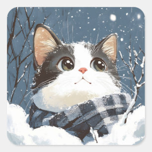 Niedliche Katze kuscheliger Winterschnee Quadratischer Aufkleber