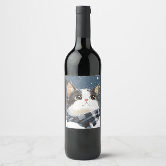 Niedliche Katze kuscheliger Winterschnee Weinetikett