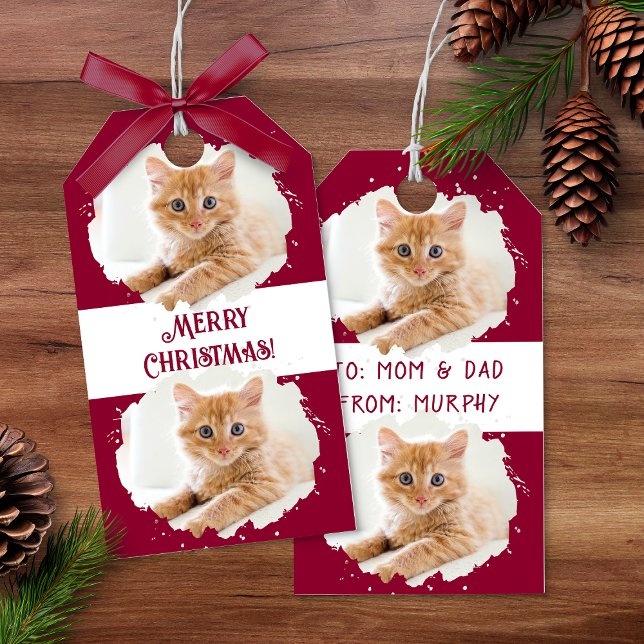 Niedliche Katze Liebe Personalisiertes Foto Muster Geschenkanhänger (Cute Cat Lovers Personalized Photo Pattern Red Gift Tags)