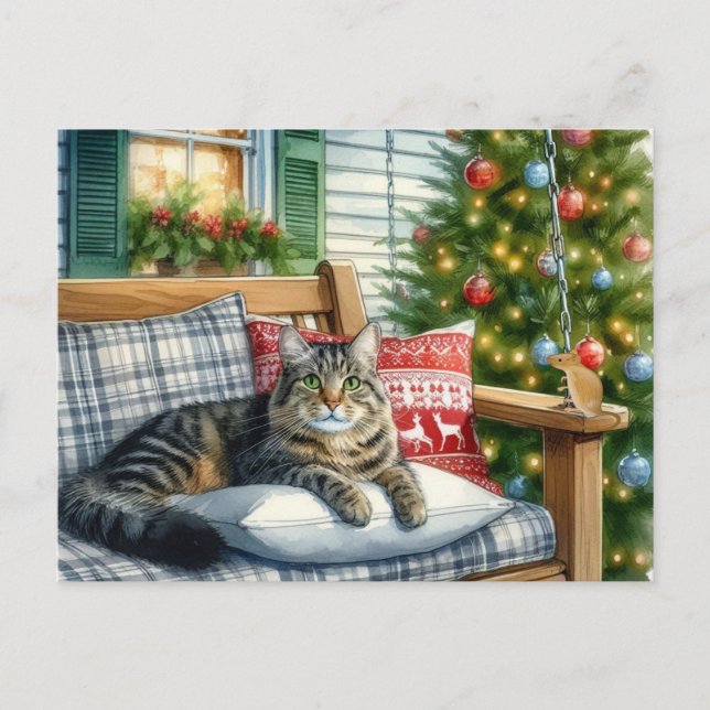 Niedliche Katze Lügen durch Weihnachtsbaum Weihnac Postkarte (Vorderseite)
