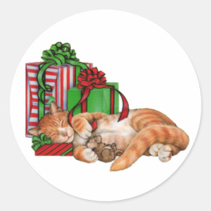 Niedliche Katze, Maus und Weihnachtsgeschenke Runder Aufkleber