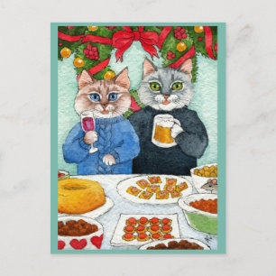 Niedliche Katze, Maus Weihnachts-Party-Postkarte Postkarte