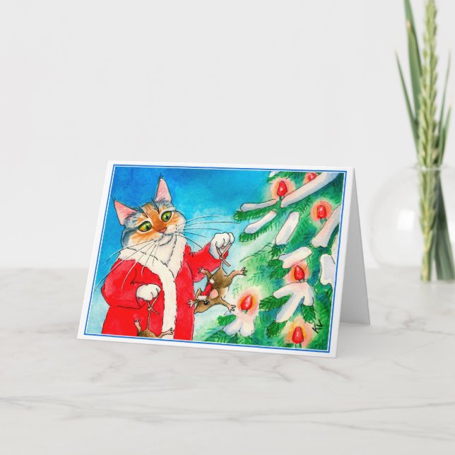 Niedliche Katze, Mäuse, Weihnachtsbaum-Grußkarte Feiertagskarte (Vorderseite)