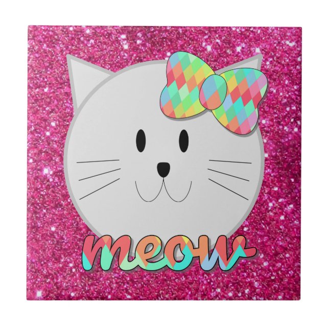 Niedliche Katze Meow Rainbow Bow Pink Glitzer Kind Fliese (Vorderseite)