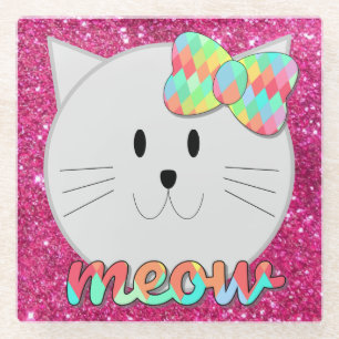 Niedliche Katze Meow Rainbow Bow Pink Glitzer Kind Glasuntersetzer