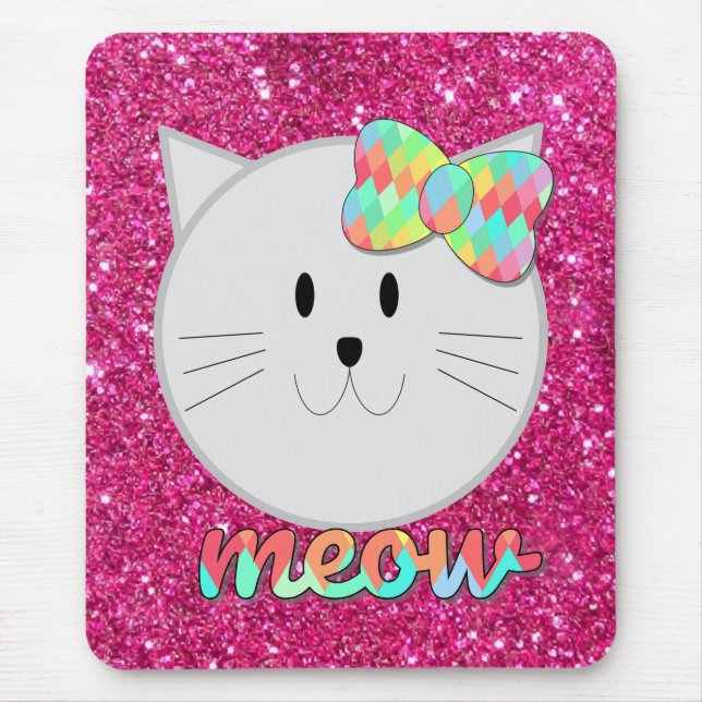 Niedliche Katze Meow Rainbow Bow Pink Glitzer Kind Mousepad (Vorne)