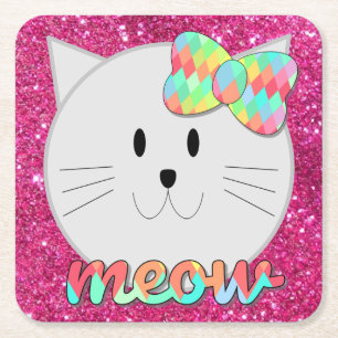 Niedliche Katze Meow Rainbow Bow Pink Glitzer Kind Rechteckiger Pappuntersetzer