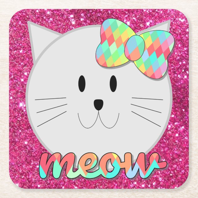 Niedliche Katze Meow Rainbow Bow Pink Glitzer Kind Rechteckiger Pappuntersetzer (Vorderseite)