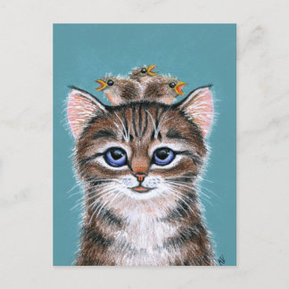 Niedliche Katze mit Baby Birds Frühjahrskarte Postkarte