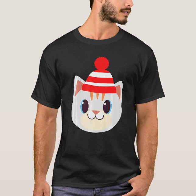 Niedliche Katze mit Beanie Beany Warme Wolle Hat W T-Shirt (Vorderseite)