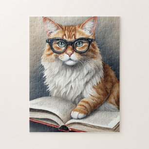 Niedliche Katze mit Brille Lesen eines Buches Puzzle