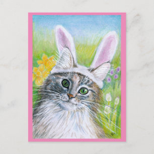 Niedliche Katze mit Bunny Hat Spring rosa Postkart Postkarte