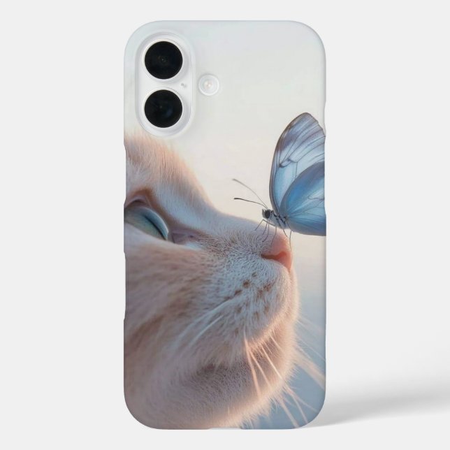 Niedliche Katze mit Butterfly iPhone 16 Hüllen (Rückseite)