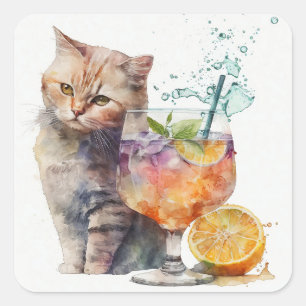 Niedliche Katze mit Cocktail-Aquarell-Aufkleber Quadratischer Aufkleber