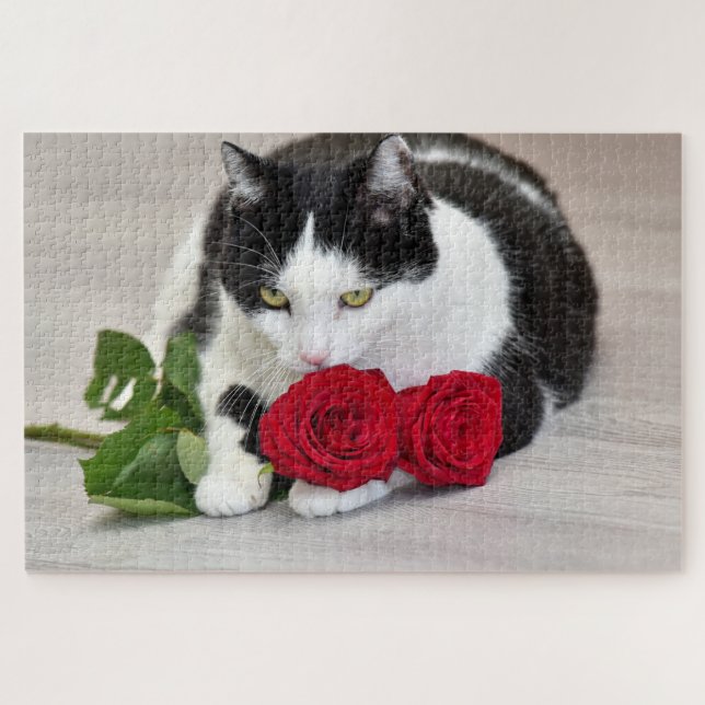 Niedliche Katze mit der Roten Rose Puzzle (Horizontal)