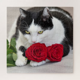 Niedliche Katze mit der Roten Rose Puzzle