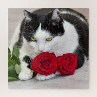 Niedliche Katze mit der Roten Rose Puzzle