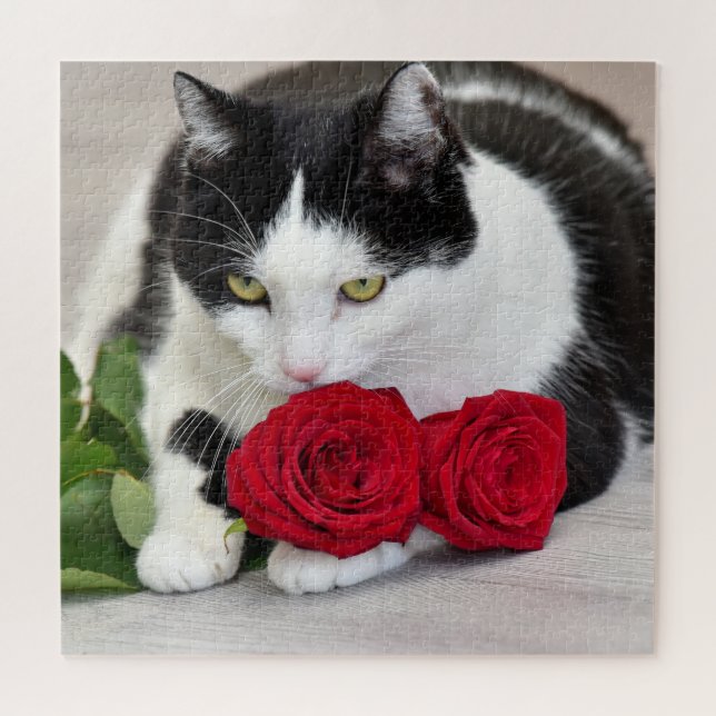 Niedliche Katze mit der Roten Rose Puzzle (Horizontal)