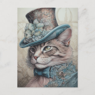 Niedliche Katze mit einem blauen Blumenmotiv Vinta Postkarte