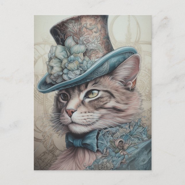 Niedliche Katze mit einem blauen Blumenmotiv Vinta Postkarte (Vorderseite)