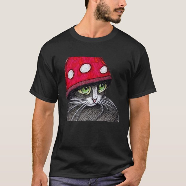 Niedliche Katze mit einem Pilzhut T-Shirt (Vorderseite)