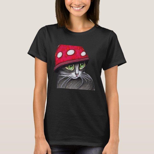 Niedliche Katze mit einem Pilzhut T-Shirt (Vorderseite)