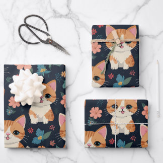 Niedliche Katze mit farbenfrohen Blume Muster Geschenkpapier Set