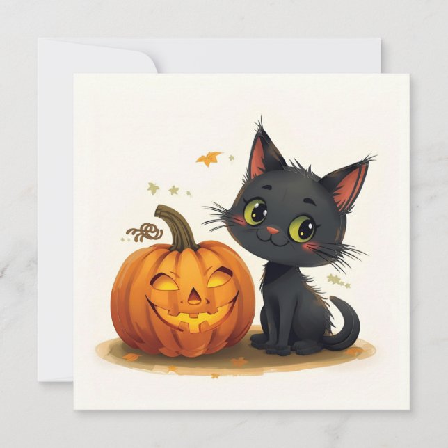 Niedliche Katze mit gehobenem Pumpkin Einladung (Vorderseite)