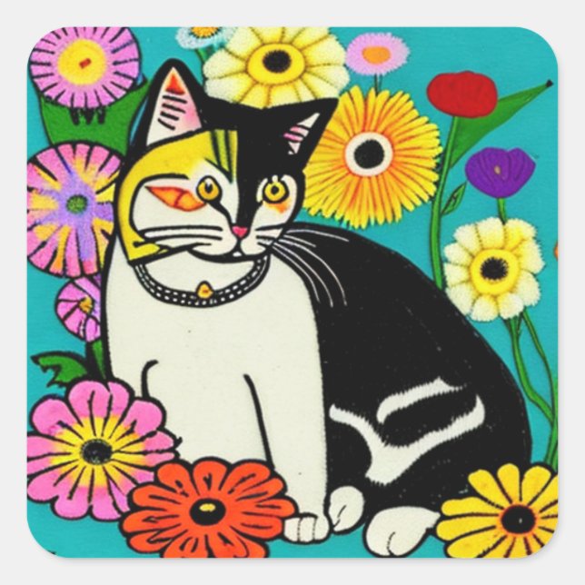 Niedliche Katze mit gelben Blumen Quadratischer Aufkleber (Vorderseite)