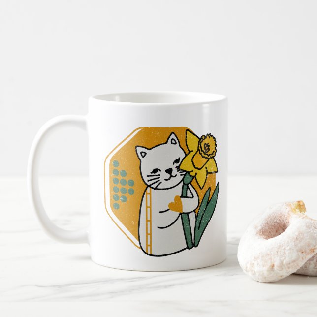 Niedliche Katze mit gelber affodischer Blume Kaffeetasse (Mit Donut)