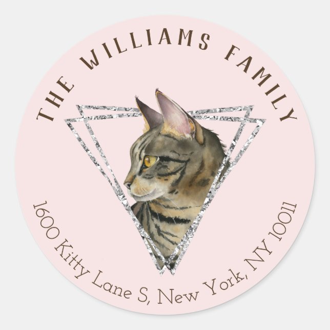 Niedliche Katze mit geometrischem Silber | Rücksen Runder Aufkleber (Vorderseite)