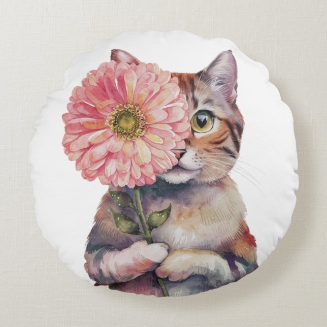 Niedliche Katze mit großer Blume| Adortable Siamka Rundes Kissen (Vorderseite)