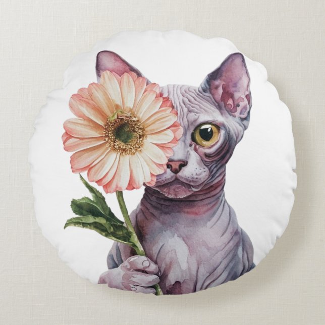 Niedliche Katze mit großer Blume| Adortable Sphynx Rundes Kissen (Vorderseite)