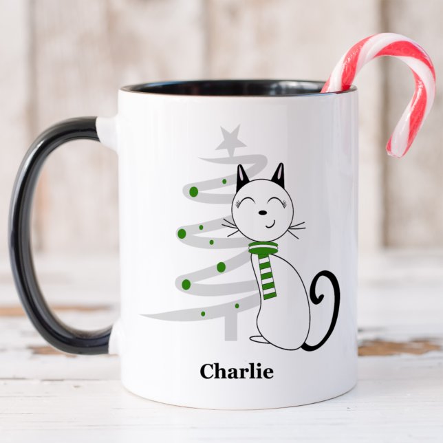 Niedliche Katze mit grünem Scarf Weihnachtsfeierta Tasse (Von Creator hochgeladen)