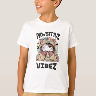 Niedliche Katze mit Hoodie: "PAWSITIVE VIBEZ-Desig T-Shirt