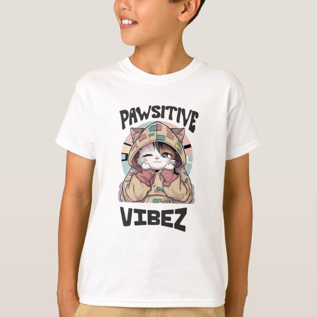Niedliche Katze mit Hoodie: "PAWSITIVE VIBEZ-Desig T-Shirt (Vorderseite)