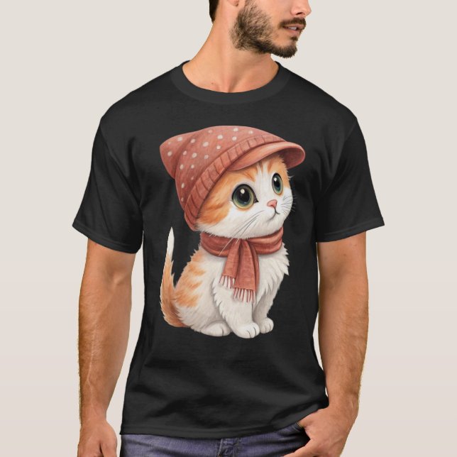 Niedliche Katze mit Hut, Karpfen, Pastellfarbe T-Shirt (Vorderseite)