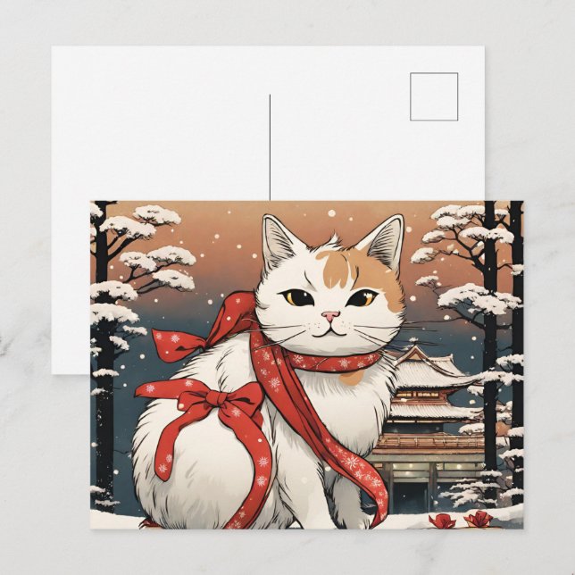 niedliche Katze mit japanischem Tempel für Katzenl Postkarte (Vorne/Hinten)