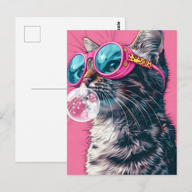 Niedliche Katze mit Kaugummi, rosa, Postkreuz Postkarte (Vorne/Hinten)