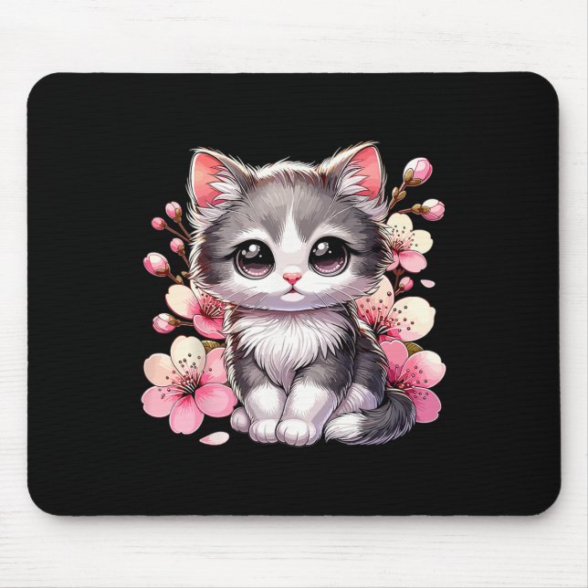 Niedliche Katze mit Kirschblütenkatze Mousepad (Vorne)