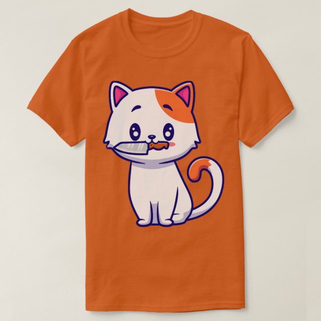 Niedliche Katze mit Knife Cartoon T-Shirt (Design vorne)
