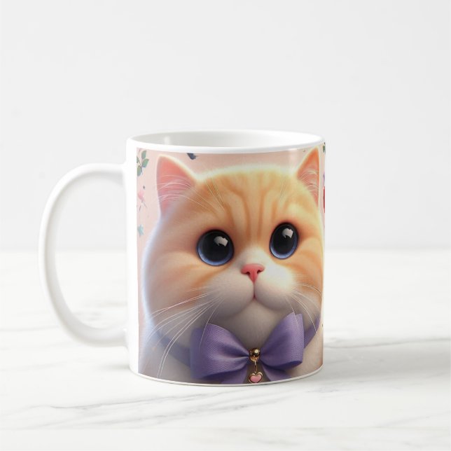 Niedliche Katze mit Lila Bow-Tasse Kaffeetasse (Links)