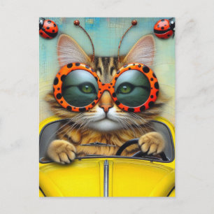 Niedliche Katze mit Polka Dot Sonnenbrille Autofah Postkarte