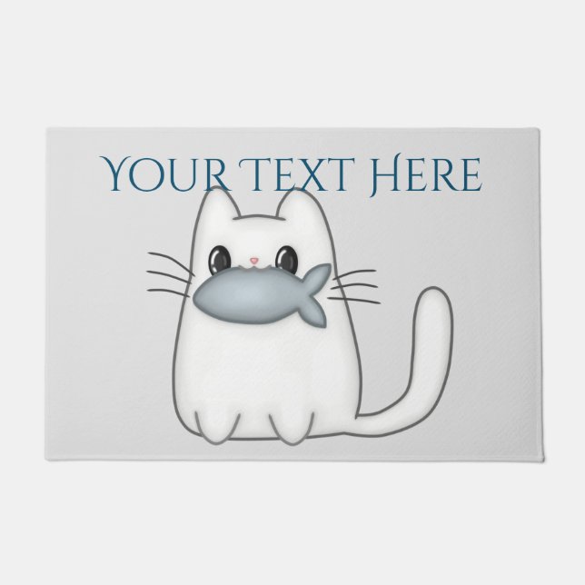 Niedliche Katze mit Preisfisch Fußmatte (Vorderseite)