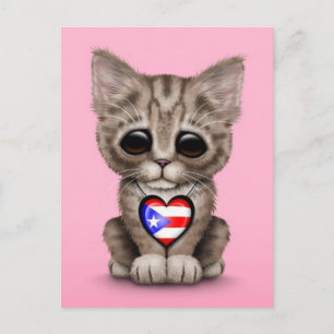 Niedliche Katze mit Puerto Rico Flag Herz, rosa Postkarte