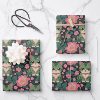Niedliche Katze mit rosa Blume nahtlose Muster Geschenkpapier Set