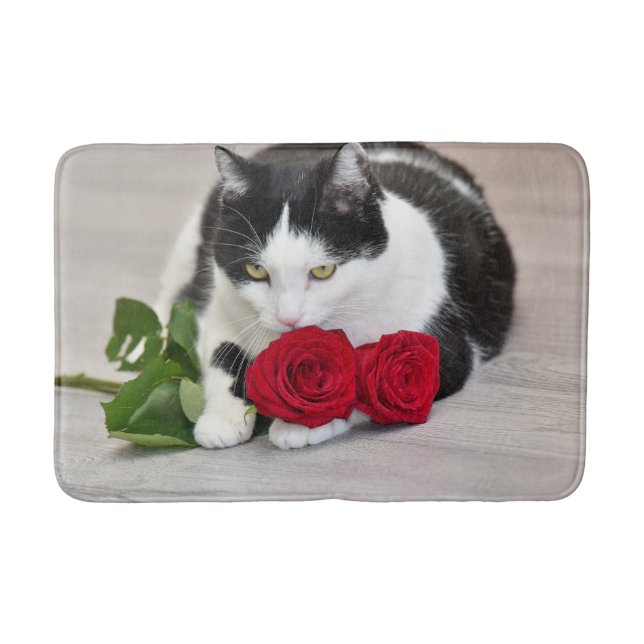 Niedliche Katze mit rote Rose Badematte (Vorderseite)